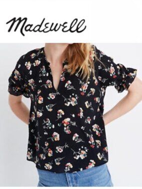 NWOT Black Floral 100% Silk Blouse Large